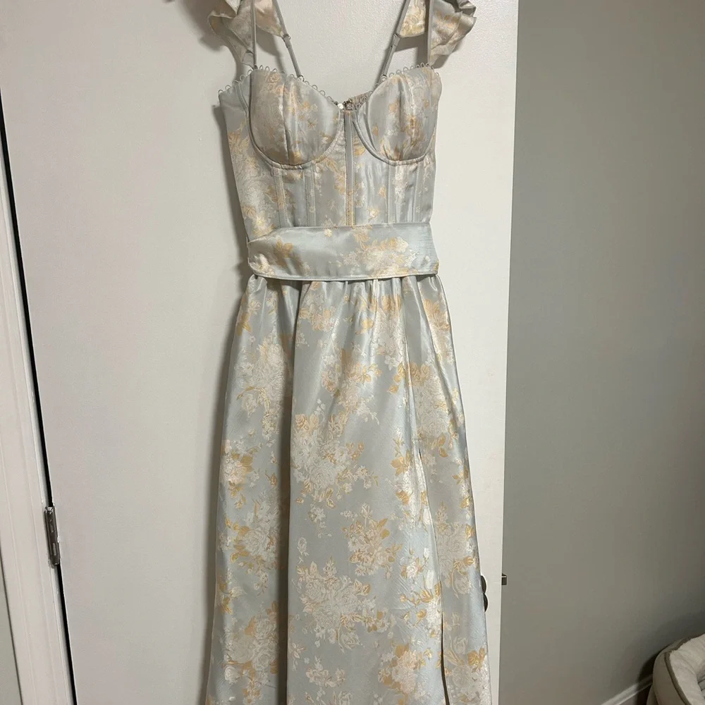 V. Chapman Blue and Gold Floral Midi Dress - Picture 1 of 4